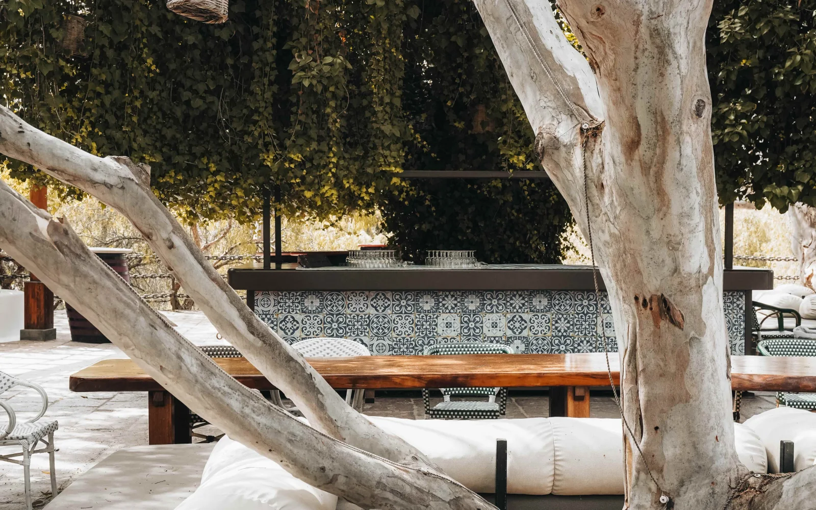 A shaded terrace at Bodega Stratvs.